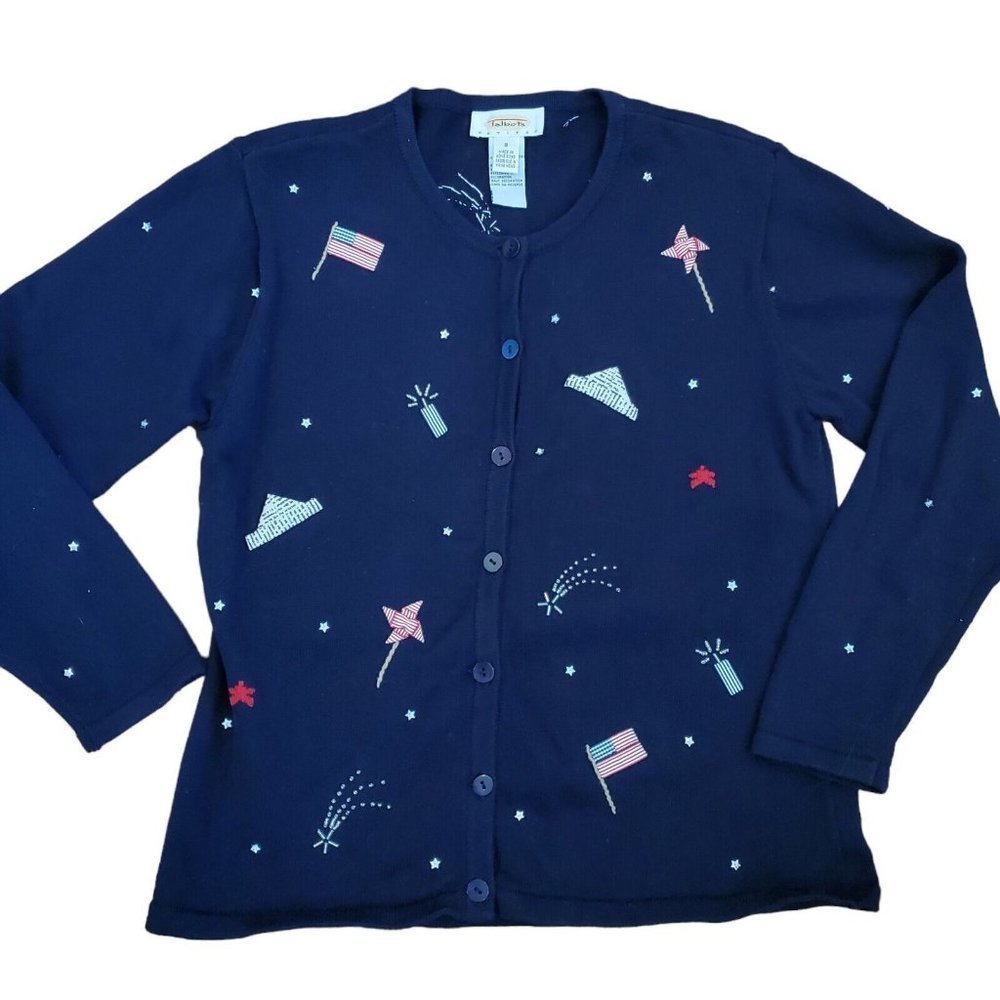 Vintage 90s Small Navy Blue Patriotic Cardigan USA Pinwheel Fireworks Flag
